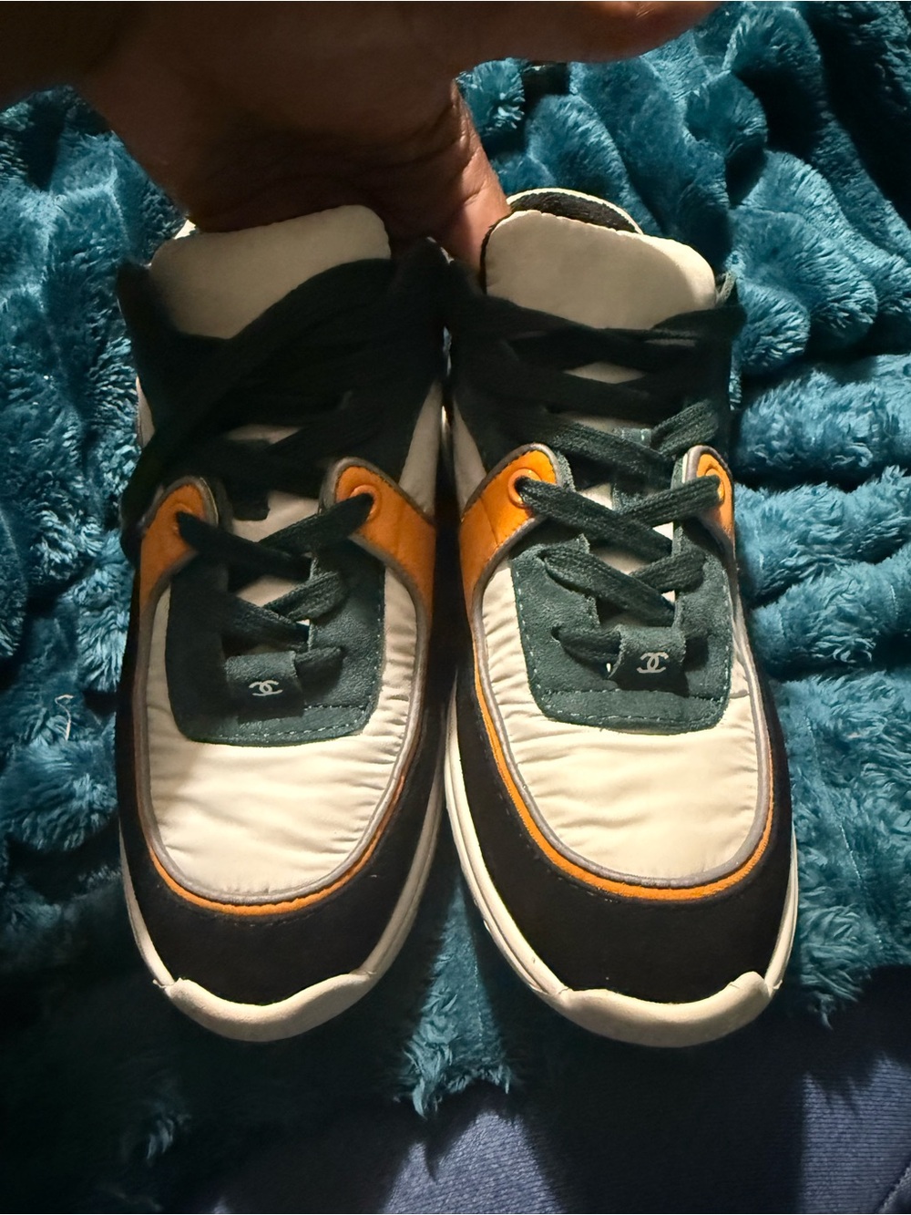 CHANEL White, Green & Orange Colorblock Lace-Up Sneakers - Picture 3 of 7